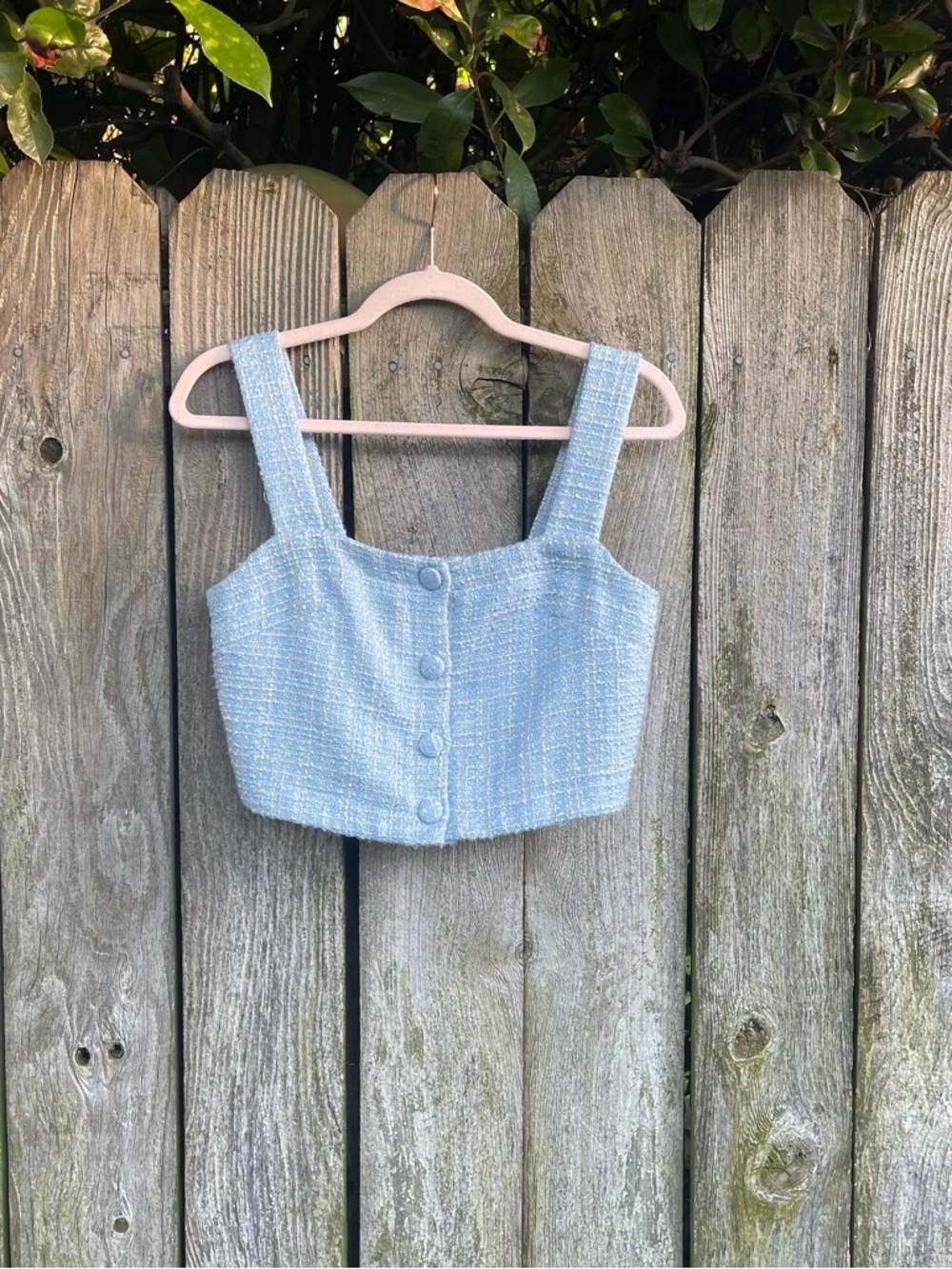 JASON WU Tweed Cropped Top Light Blue Button Front Tank Square Neck Preppy | 2 - Picture 6 of 10